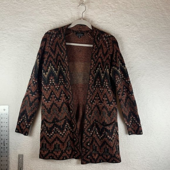 Lucky Brand Sweater Women's Small Brown Aztec Ikat Knit Open Front Cardigan 7286 - Picture 1 of 6